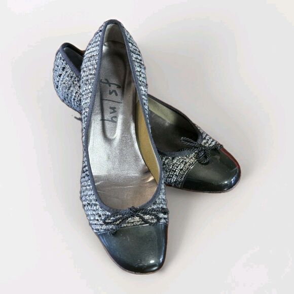 FS/NY French Sole Black Twill 1.5" Wedge Heel Shoe Sz 9 Patent Leather Cap Toe - Picture 1 of 7